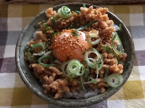 黄身がとろっと！ピリ辛大豆ミートとネギのごはん